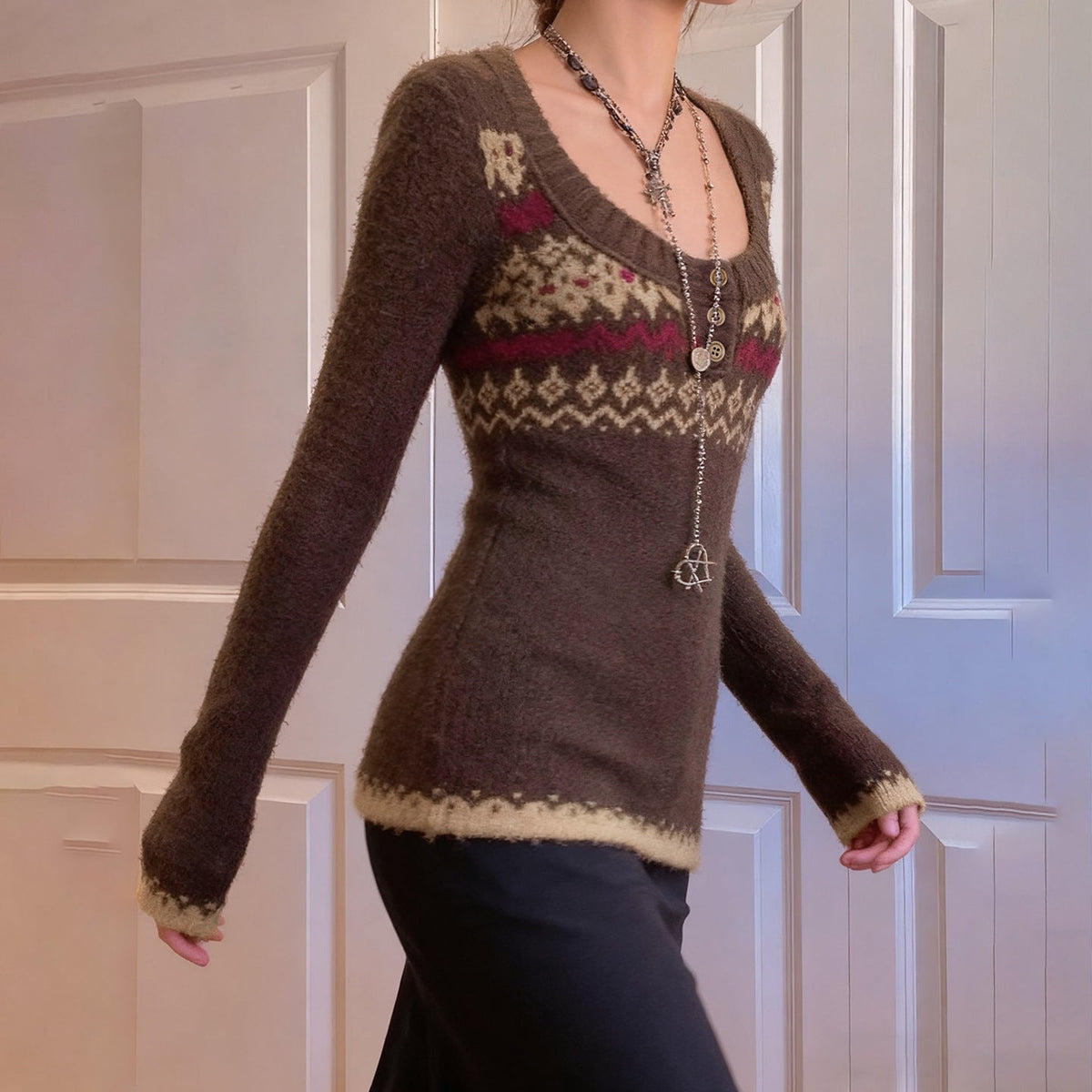 Vintage ethnic pattern U-neck breasted solid color sweater