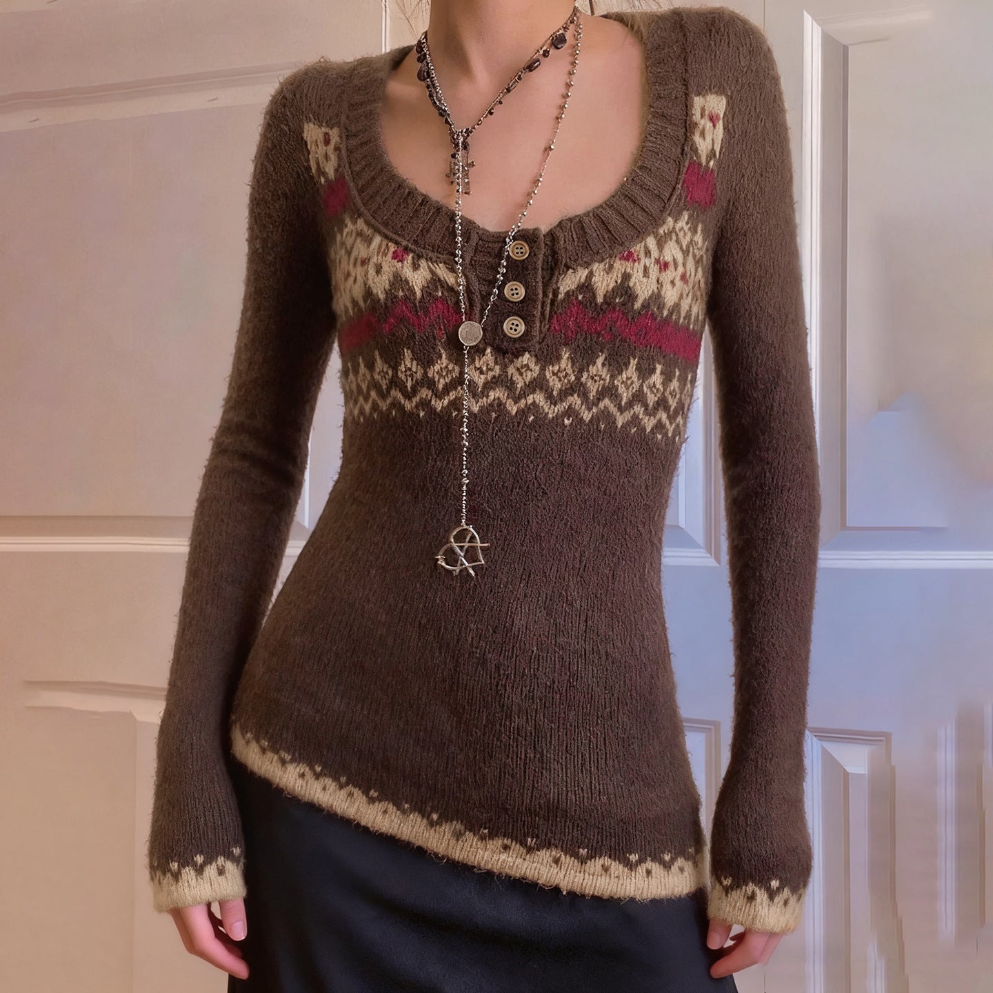 Vintage ethnic pattern U-neck breasted solid color sweater