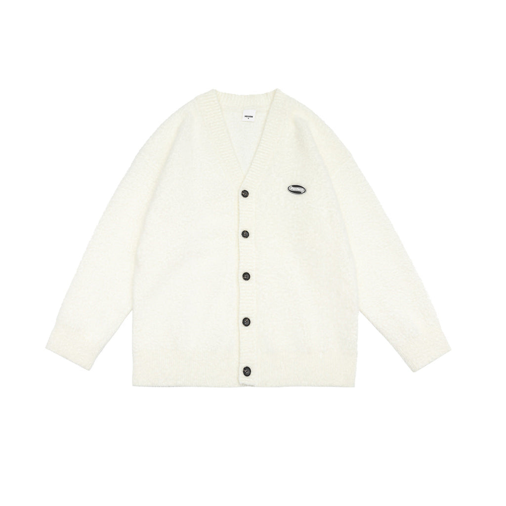 V-Neck Embroidered Label Loose Knit Cardigan Sweater Coat