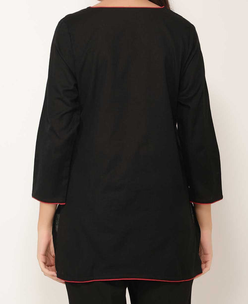 Black And Red Woven Cotton Tunic Top