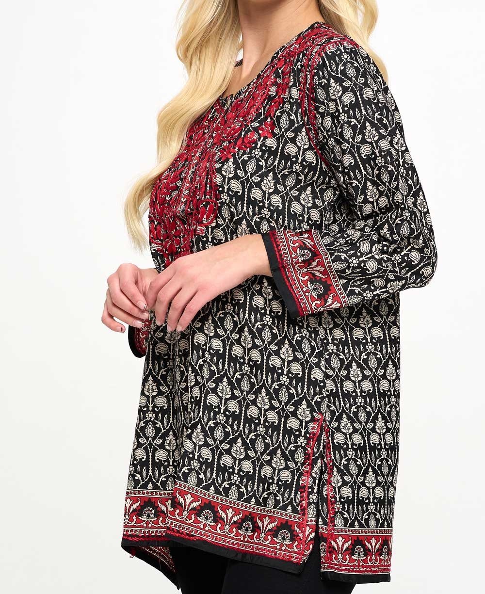 Black and White Tunic With Red Hand Embroidery