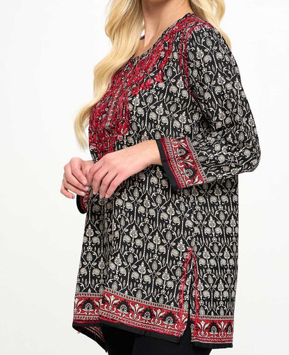 Black and White Tunic With Red Hand Embroidery
