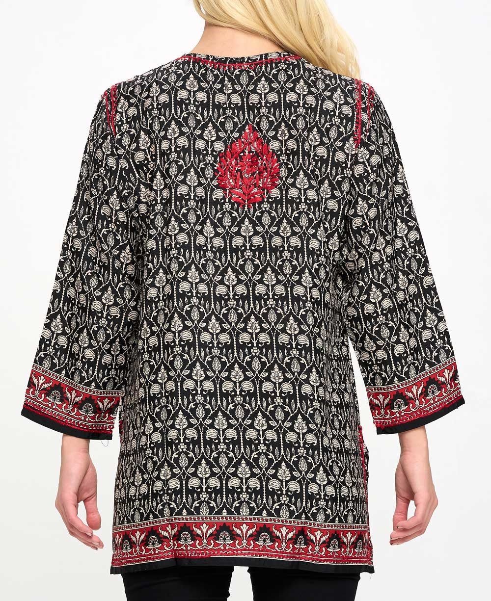 Black and White Tunic With Red Hand Embroidery