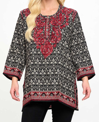 Black and White Tunic With Red Hand Embroidery