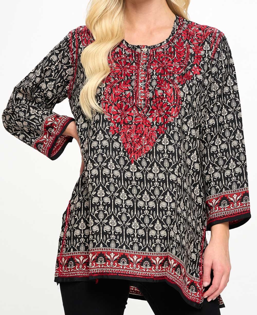 Black and White Tunic With Red Hand Embroidery