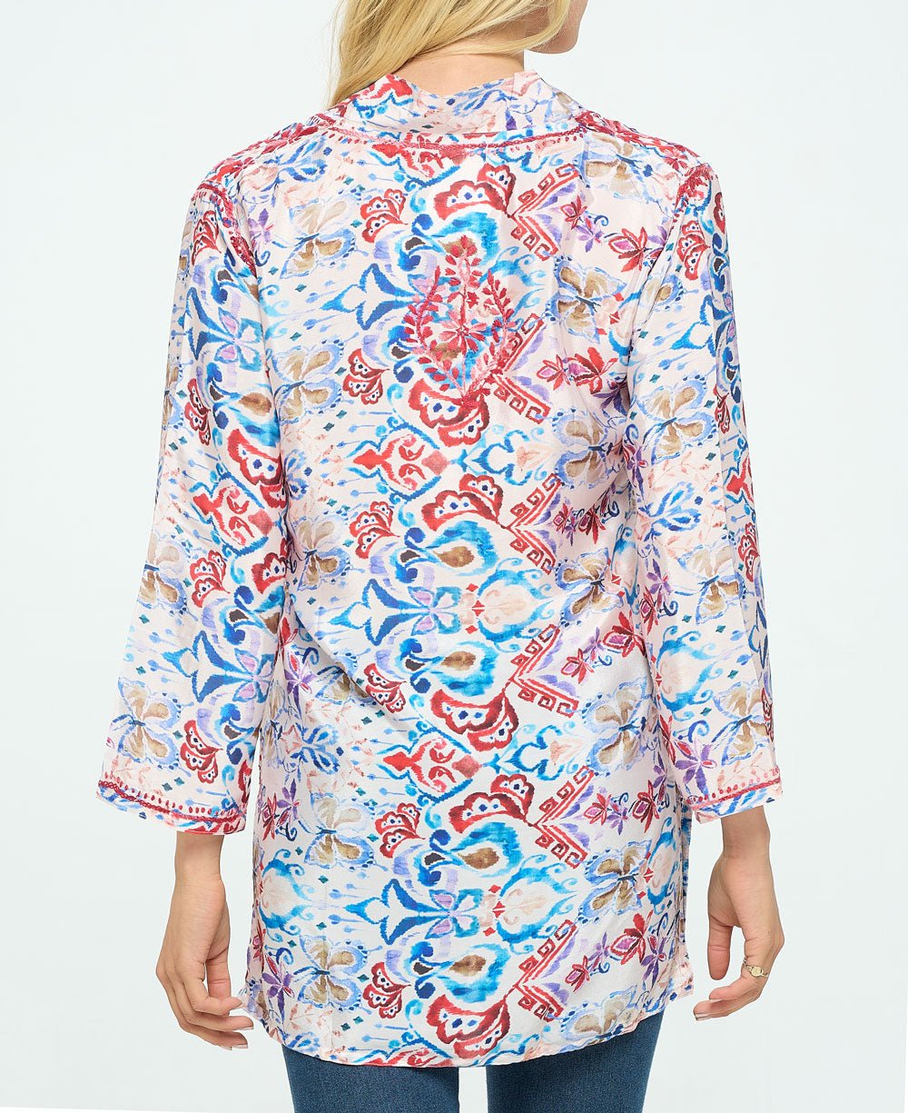 Red Embroidered Printed V Neck Tunic Top